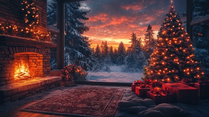 Cozy Christmas living room with fireplace and snowy forest view