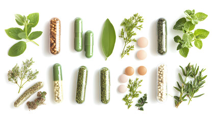 Medical marijuana products and CBD oil on white background with herbal supplements concept