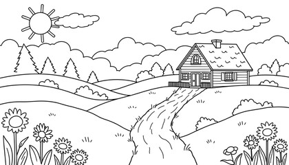 Black and white coloring page of a house in a countryside landscape  