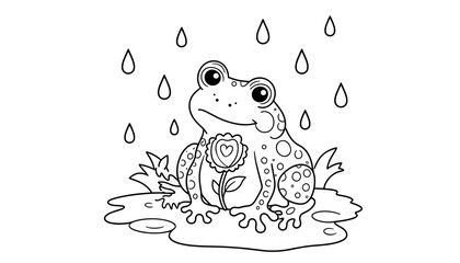 Frog sitting in puddle with flower under rain drops for coloring  