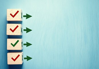 Wooden blocks with checkmarks and arrows,  a simple task list