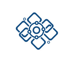 Abstract logo design featuring interconnected squares and circles in shades of blue on white