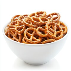 Salted pretzels in white bowl isolated on white background
