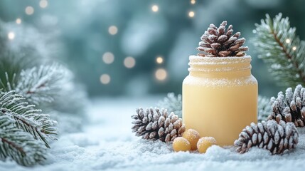 Festive snow-dusted jar with pine cones