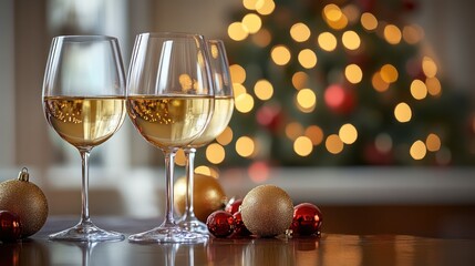 Festive wine glasses with Christmas background