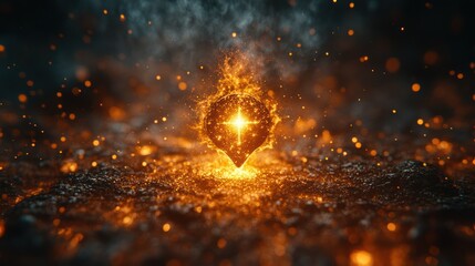 Fiery heart with cross, glowing on dark ground