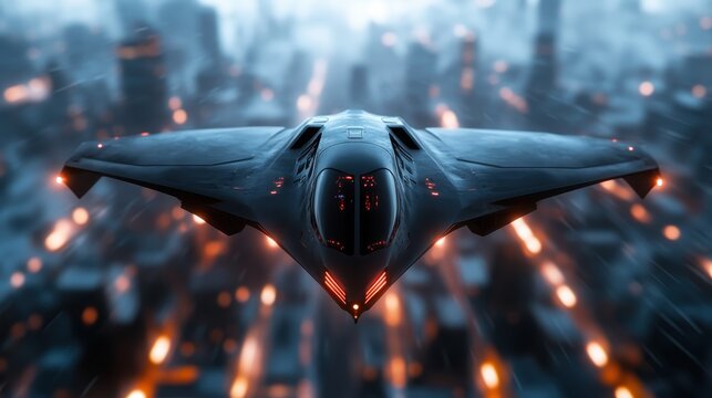 A sleek futuristic aircraft soaring above a bustling urban landscape, embodying innovation and technological advancement in modern transportation.