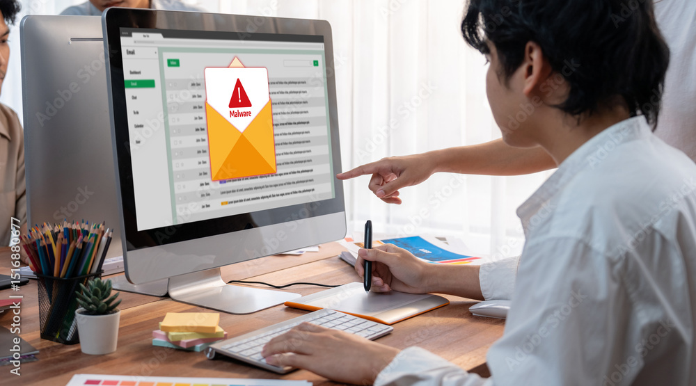 Poster Cyber attacking concept. Malware alert showing on computer screen display scam and threat detection on computer system or online server to be removed brisk.