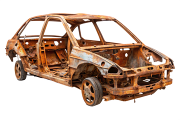 Rusty car wreck isolated on a white background png ai generated