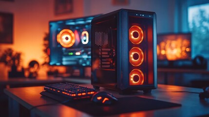 Gaming PC setup in a warm lit room
