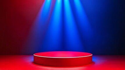 Fototapeta premium Bold red blue stage minimal design platform modern geometric color presentation pedestal image