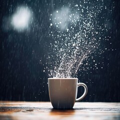Water splashing into a white mug on a wooden table.  Rain drops in the background