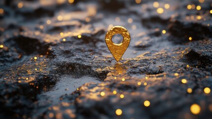 Golden map pin on textured dark terrain