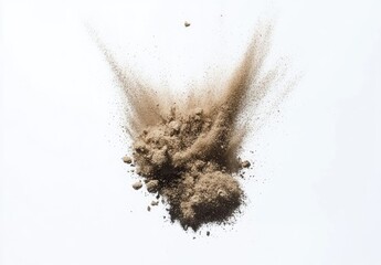 Exploding soil against white background.  Fine particles disperse outward