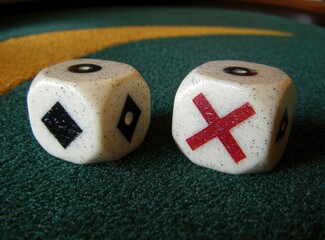 Two dice, one with an X, the other with a black diamond, sit on a felt table