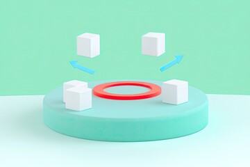Abstract 3D render of white cubes moving around a teal circular platform with a red circle