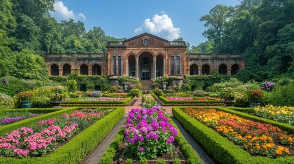 Obraz premium Grand estate gardens with historic building