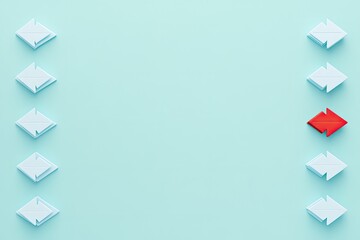 Single red arrow amidst many light blue arrows