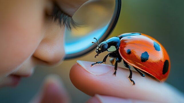 Close-up view of a child's face and hand holding a ladybug.