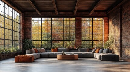 Industrial loft living room with autumnal view