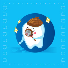 Cute Tooth Character Dressed as Detective with Magnifying Glass