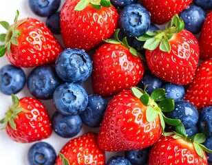 Fototapeta premium Fresh strawberries and blueberries with water droplets, isolated on white background, bright daylight, ultra sharp, Macro