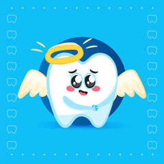 Cute Tooth Character with Angel Wings and Halo on Blue Background