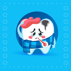 Cute Sick Tooth Character with Scarf and Thermometer