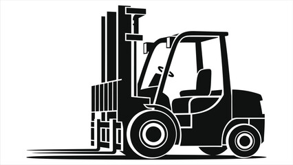 Vector Silhouette of a forklift, perfect for industrial use./A bold, black silhouette of a forklift against a white background.