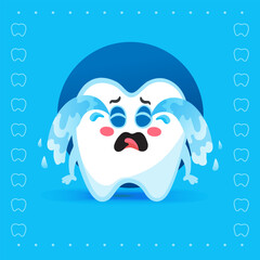 Sad Tooth Character Crying on Blue Background Mascot
