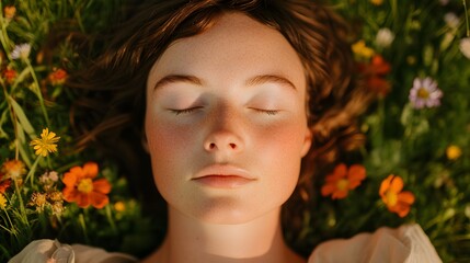 Naklejka premium Peaceful woman lying in grass with eyes closed, surrounded by orange flowers, meditative expression, calm natural state, summer dreamscape portrait, emotional healing vibe