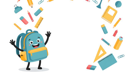 Happy cartoon backpack with school supplies around it  
