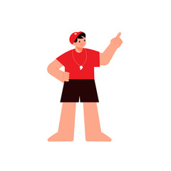 Male Lifeguard Pointing and Giving Safety Advice – Flat Vector Illustration