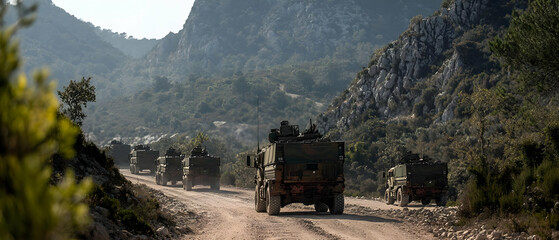 Naklejka premium Military Convoy On Mountain Road
