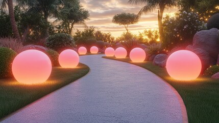Pathway lined with glowing orbs in a tropical garden at sunset