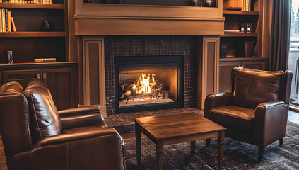 Fireplace near a brown wood desk