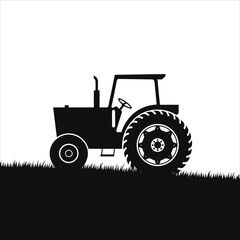 Simple black vector silhouette of a farm tractor on a field./A stylized, black silhouette of a tractor, positioned on a field of grass, set against a neutral background.