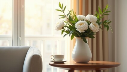 Stylish home decor scene with vase of flowers, coffee cup, minimal table setup. Bright interior with elegant design flair 