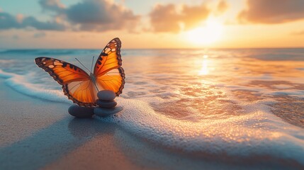 Peaceful sunrise on a beach with a butterfly