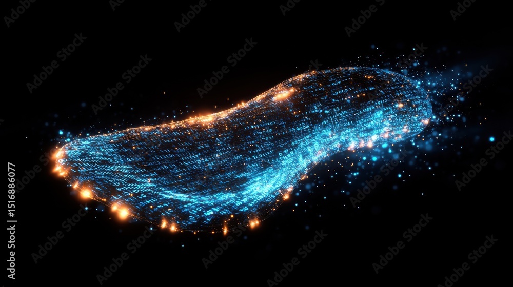 Poster abstract visualization of a glowing digital footprint made of binary code and data streams, represen