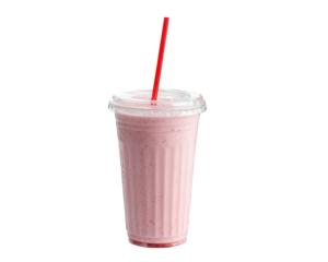 Refreshing cup of cold pink drink with red straw, perfect for hot day. This delightful beverage is served in clear plastic cup, showcasing its creamy texture and vibrant color