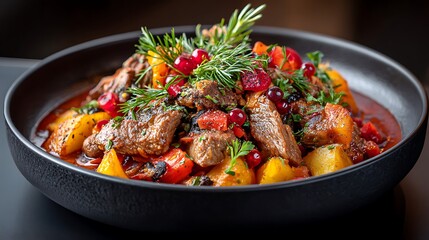 Fototapeta premium A richly colored meat and potato dish, garnished with fresh herbs in a stylish black bowl, offering a visual representation of comfort food at its finest, perfect for culinary enthusiasts seeking 