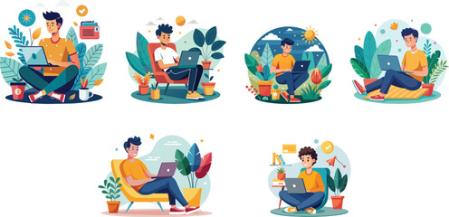 Fototapeta premium Freelancer working at a home flat set vector illustration