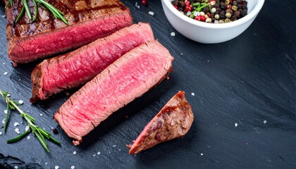 Juicy sliced medium rare striploin steak on slate board with herbs and copy space, grilled meat close-up, food photography, restaurant quality