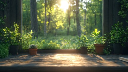 Sunlight streams through a window onto a rustic wooden surface, surrounded by greenery