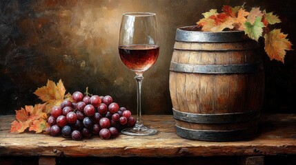 Still life painting of wine, grapes, and barrel