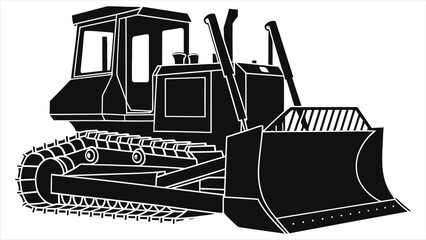 Simple vector silhouette illustration of a bulldozer/A clean, black and white silhouette of a bulldozer.