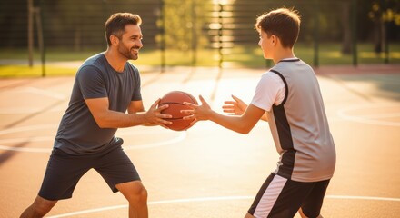 Naklejka premium Father and son playing basketball on an outdoor court, sharing a ball in a joyful moment.