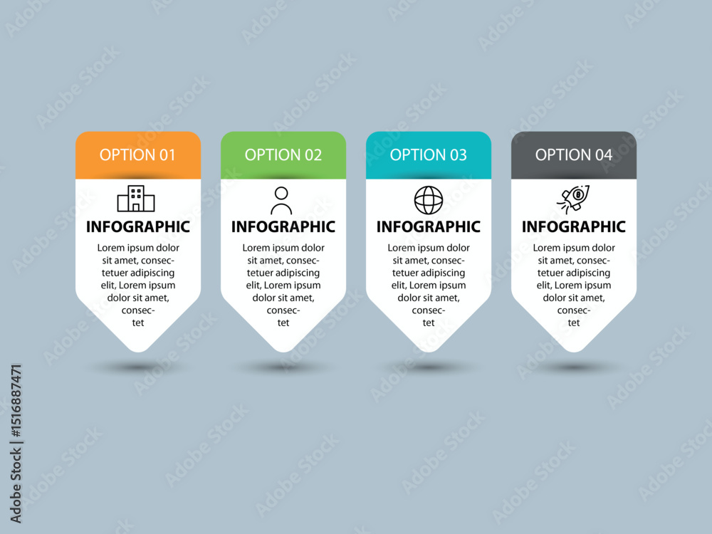 Poster concept of arrow business model with 4 successive 4 steps. four colorful graphic elements. timeline 