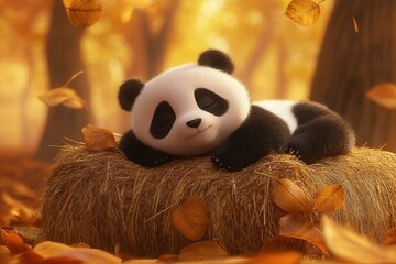 Adorable panda sleeping hay autumn leaves